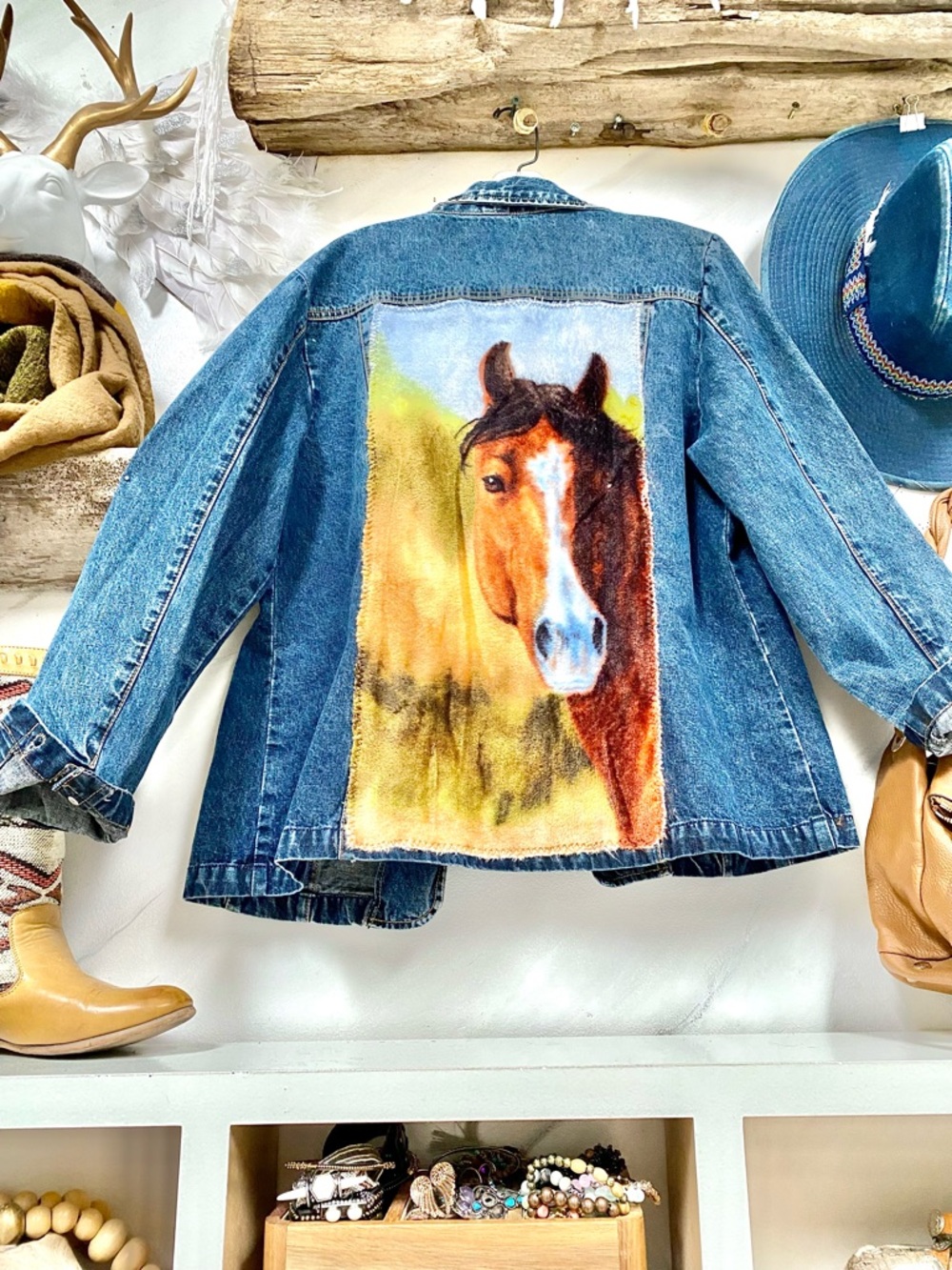 Sold⭐️Upcycled HORSE equestrian Denim/jean Jacket w Distressed southwestern vibe - Picture 4 of 12